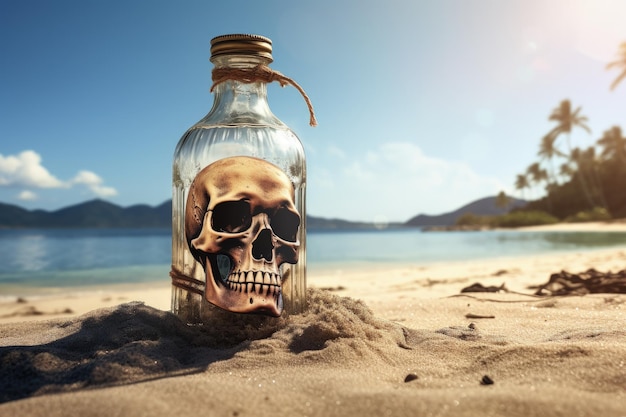 Pirate skull inside a glass bottle lost island in the background Generative AI