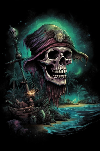 A pirate skull is on a beach with a ship in the background.