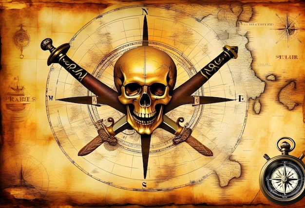 Foto teschio di pirata e spada e una vecchia bussola mappa antica sfondo sul tema della storia dei pirati