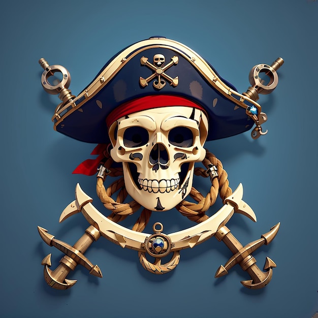 Photo pirate skull with anchor cartoon vector icon illustration skull pirate icon concept isolated premium vector flat cartoon style