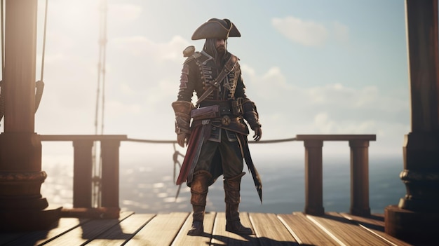 A pirate standing on a dock in the ocean