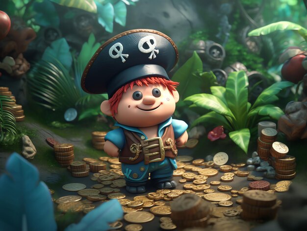 A pirate standing in a jungle with coins and coins.