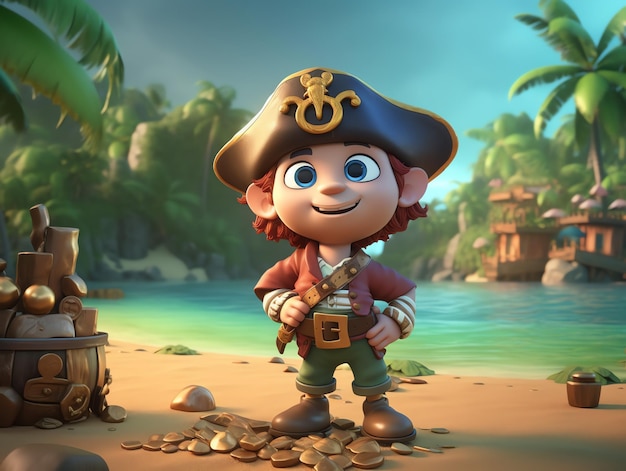 A pirate stands on a beach with a treasure chest and a pirate hat.