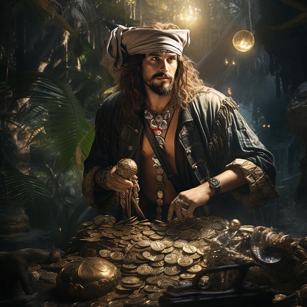 Pirate surrounded by treasure of glittering jewels and coins walking along lush tropical island
