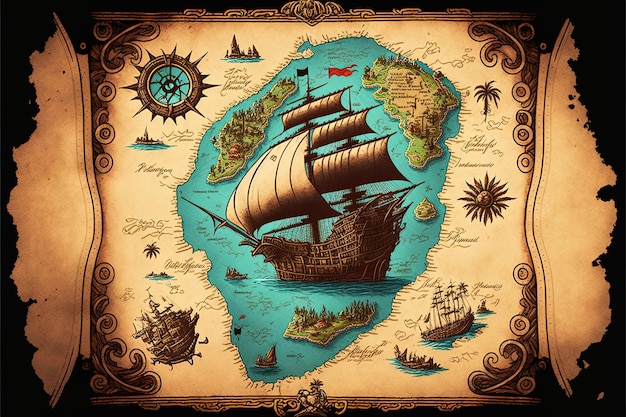 해적선과 바다가 그려진 해적 보물 지도. 생성 AI