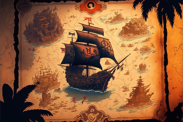 Pirate treasure map, with drawn pirate ship and sea. Generative AI