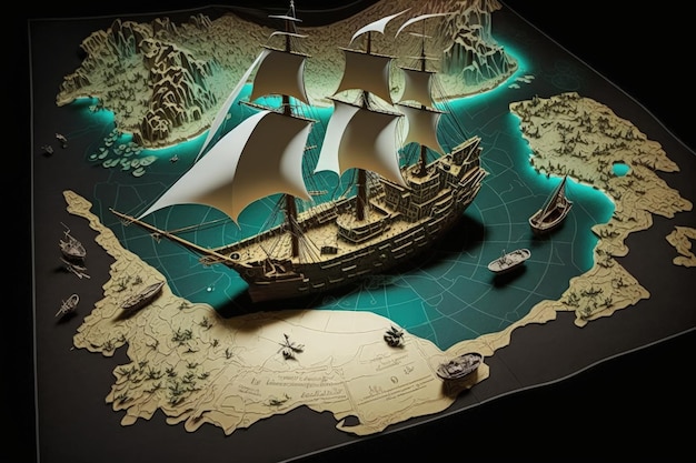 Pirate treasure map with pirate ship and sea 3d style Generate AI