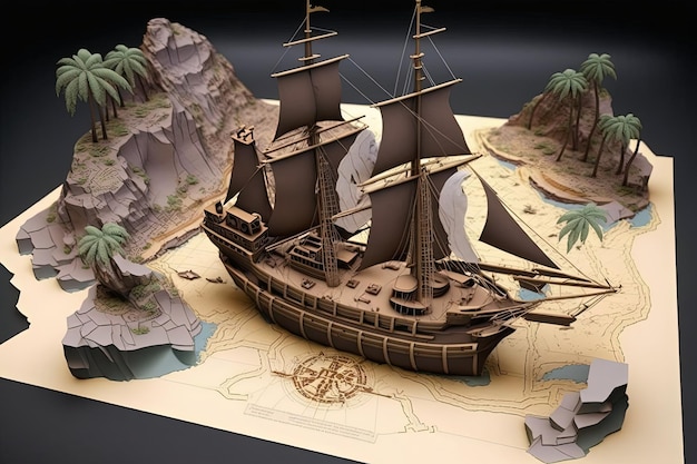 Карта пиратских сокровищ с пиратским кораблем и морем в 3d стиле Сгенерировать AI