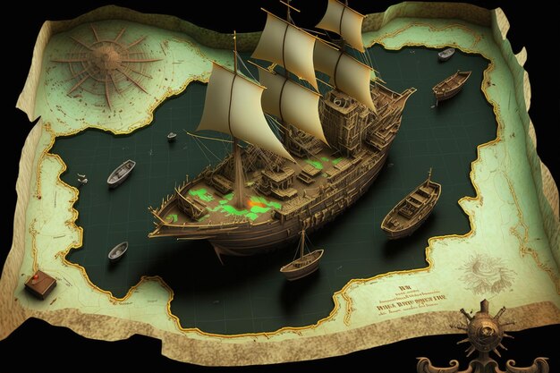 Pirate treasure map with pirate ship and sea 3d style Generate AI