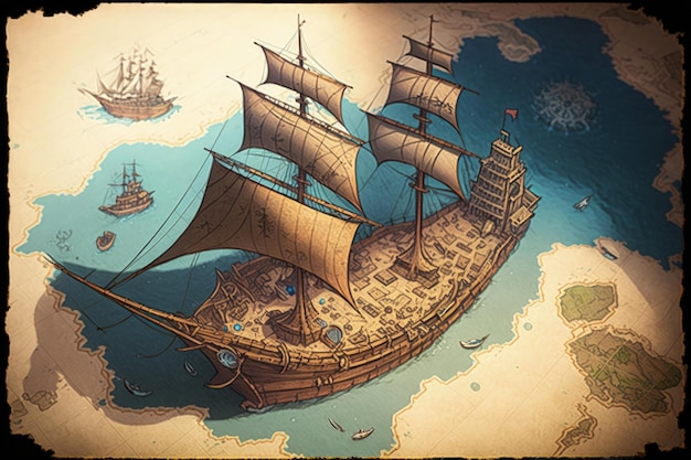 海賊船と海が描かれた海賊の宝の地図 AIを生成する