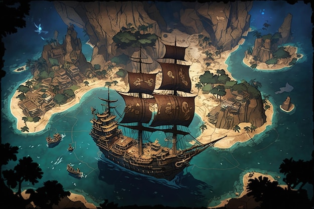 Карта пиратских сокровищ с пиратским кораблем и морем Сгенерировать AI