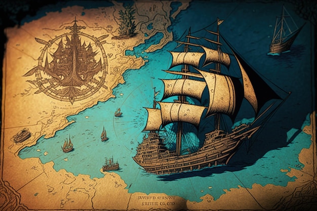 海賊船と海が描かれた海賊の宝の地図 AIを生成する