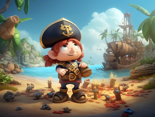 A pirate with a hat on stands on a beach with a ship in the background.