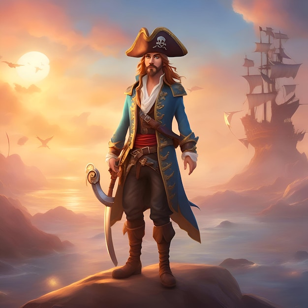 Pirate with a sword in his hand on the background of the sunset