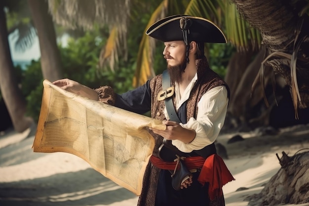 Pirate with treasure in hand and map in the other making way to hidden treasure on tropical island