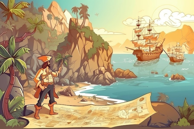 宝の地図を持った海賊は島の隠された富を発見する準備ができています