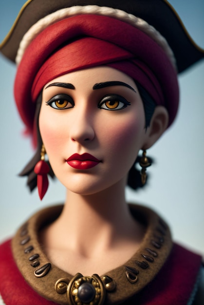 A pirate woman wearing a red hatmodeled with clay and felt