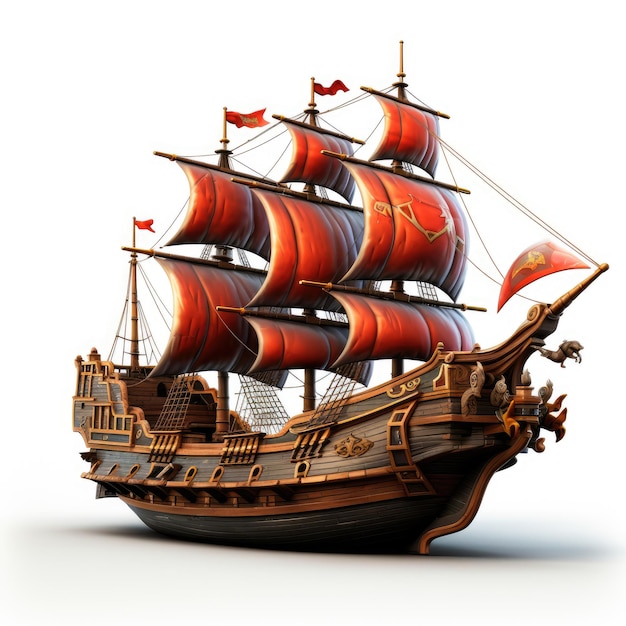 Piraten avontuur in een virtuele wereld 3D Clipart van een piratenschip in Unreal Engine Set tegen een Whi