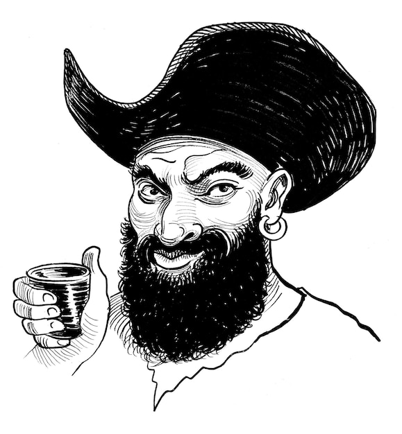 Piratenkapitein drinkt een kopje rum Inkt zwart-wit tekening