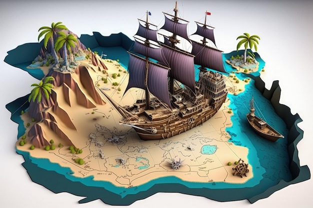 Piratenschatkaart met piratenschip en zee 3D-stijl Genereer AI