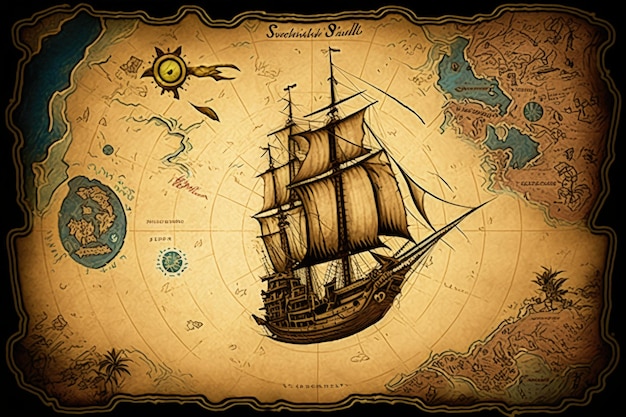 Piratenschatkaart met piratenschip en zee Genereer AI