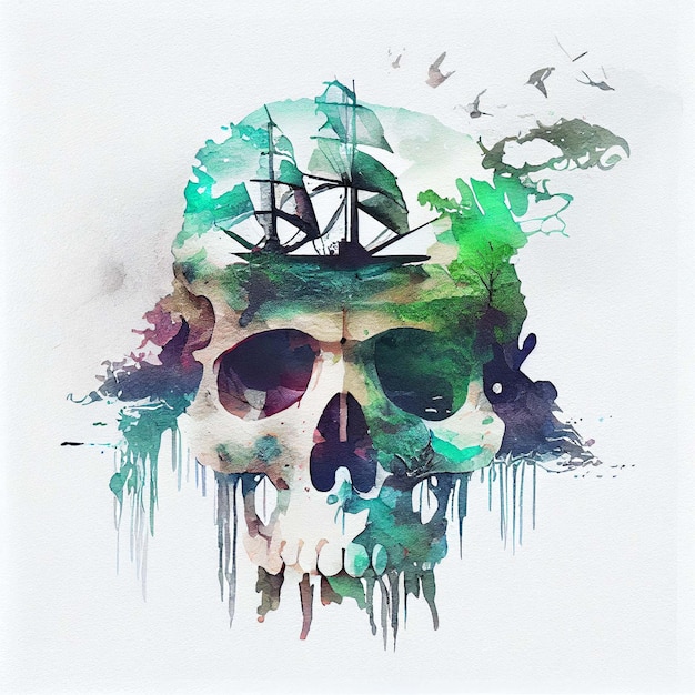 Piratenschedel Dubbele belichting aquarel skelet hoofd Halloween concept Generatieve AI