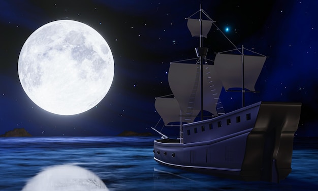 Foto piratenschepen vinden een schatkist op zee of oceaan op de nacht van de volle maan silhouet of schaduw van een zeilboot die het wateroppervlak reflecteert's nachts met sterren in de lucht 3d rendering