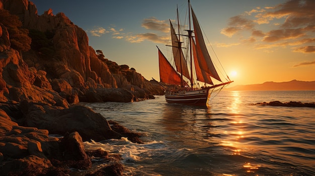 Piratenschip aangemeerd aan de kust