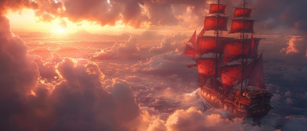 Piratenschip dat door de wolken zeilt met fantastische wezens als bemanning AI Generative