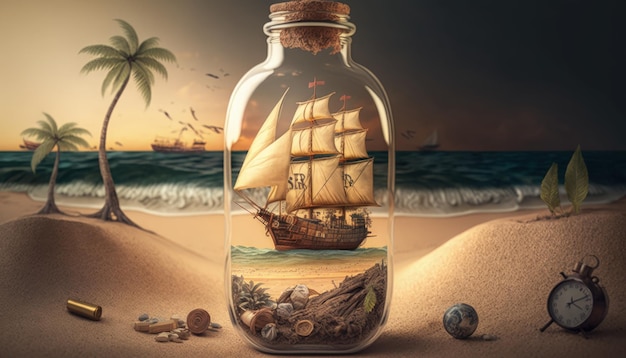 Piratenschip in een glazen fles eiland zee en lucht op de achtergrond Generatieve AI