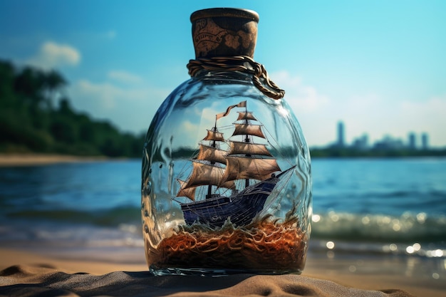 Piratenschip in een glazen fles verloren eiland op de achtergrond Generatieve AI