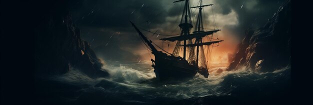 Piratenschip in een sterke storm 's nachts Generatieve AI