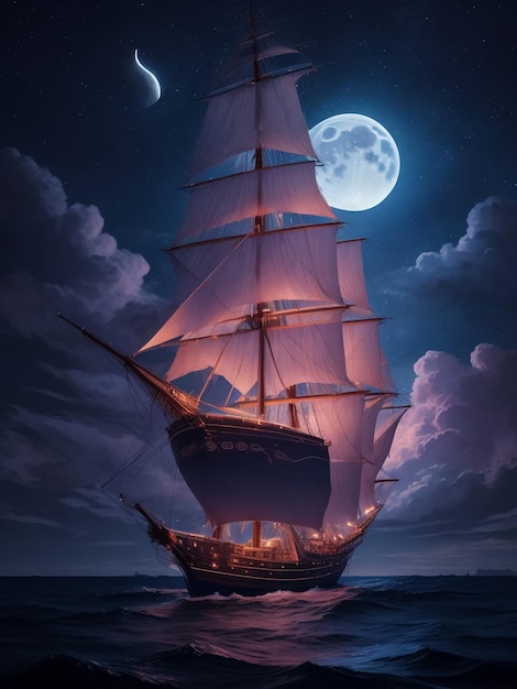 Piratenschip op de oceaan bij volle maan achtergrond Oud zeilschip op zee Expeditieschip Trav