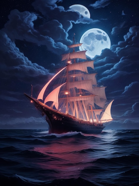 Piratenschip op de oceaan bij volle maan achtergrond Oud zeilschip op zee Expeditieschip Trav