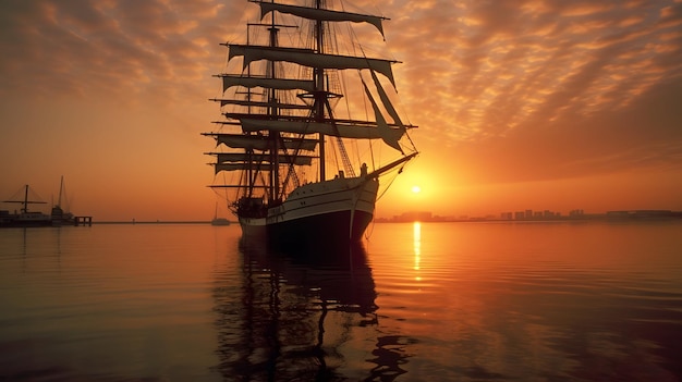 Piratenschip op oceaan bij mooi zonsopgang oranje hemel achtergrondbehangontwerp Generatieve AI