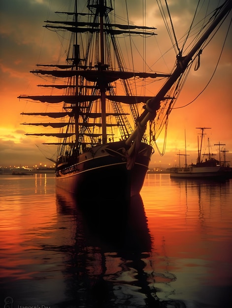 Piratenschip op oceaan bij mooi zonsopgang oranje hemel achtergrondbehangontwerp Generatieve AI