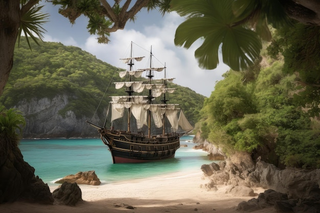 Piratenschip op tropisch strand Genereer Ai