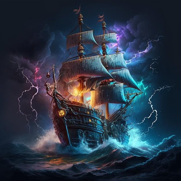 Piratenschip tijdens een storm.