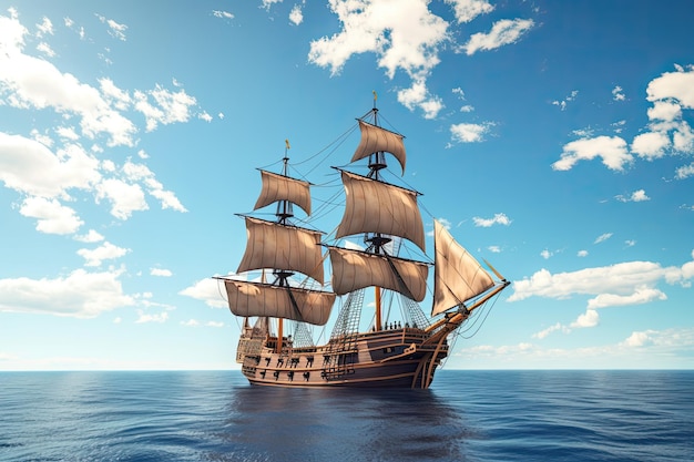 Piratenschip vaart door een rustige zonnige dag met blauwe luchten en pluizige wolken