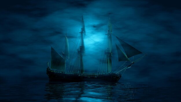 Piratenschip zeilend in de mist in blauwe verlichting