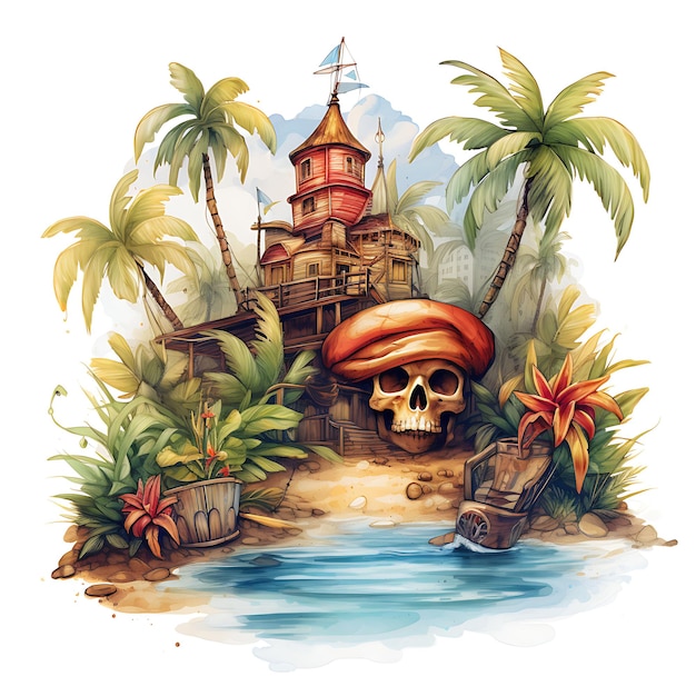 Pirates Paradise Tropical Plants and Palm Trees Shipwreck Hi Cozy Watercolor Of Nature Decorative