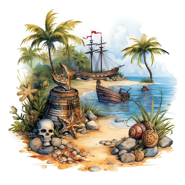 Pirates Paradise Tropische planten en palmbomen Schipbreuk Hi Gezellig Waterverf van de natuur Decoratief