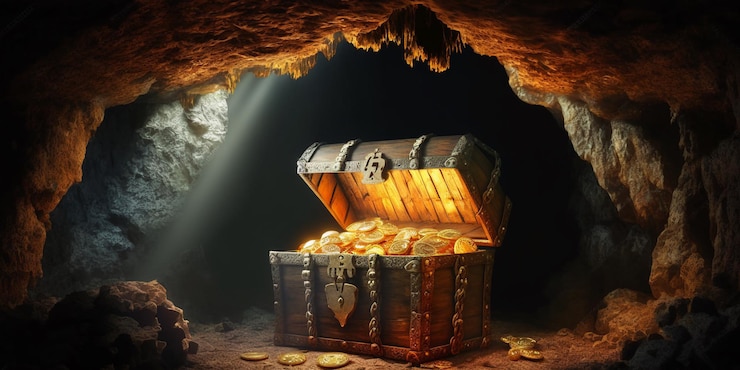 Photo the pirates treasure in the cave with ai generated