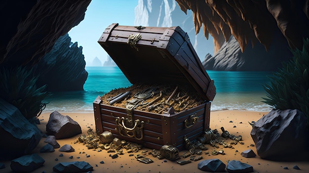 pirates treasure chest in cave on a beach