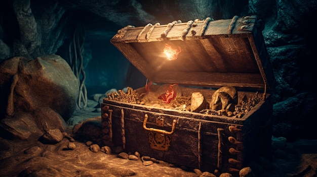 Photo pirates treasure chest in cave generative ai