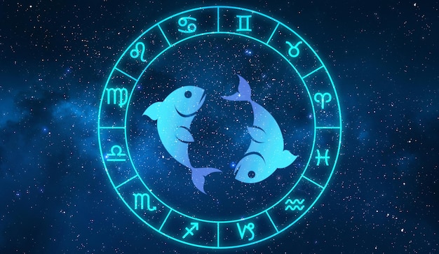 Pisces horoscope sign in twelve zodiac with galaxy stars