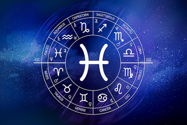 Photo pisces zodiac sign zodiac circle on a dark blue background of the space astrology