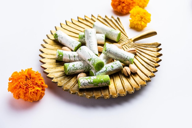 Pista Roll Or Pistachio Rolls Mithai or sigar Indian sweet or dessert for festivals