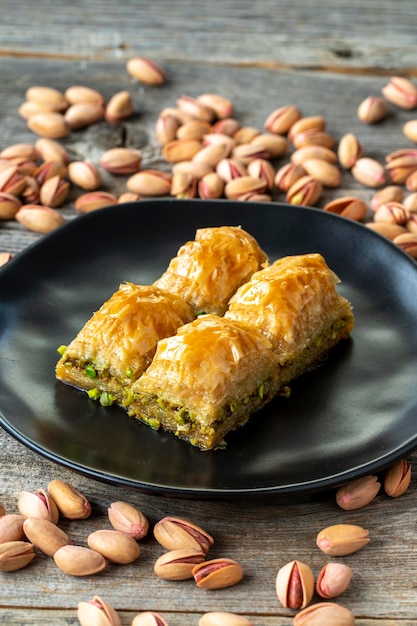 Pistache baklava op een houten achtergrond Turkse stijl pistache baklava presentatie en dienst Verticale uitzicht van dichtbij