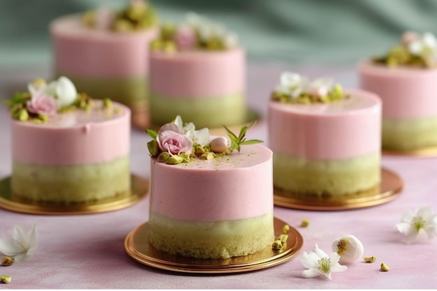 Pistache kaaskoek met pistache's en bloemen op roze achtergrond